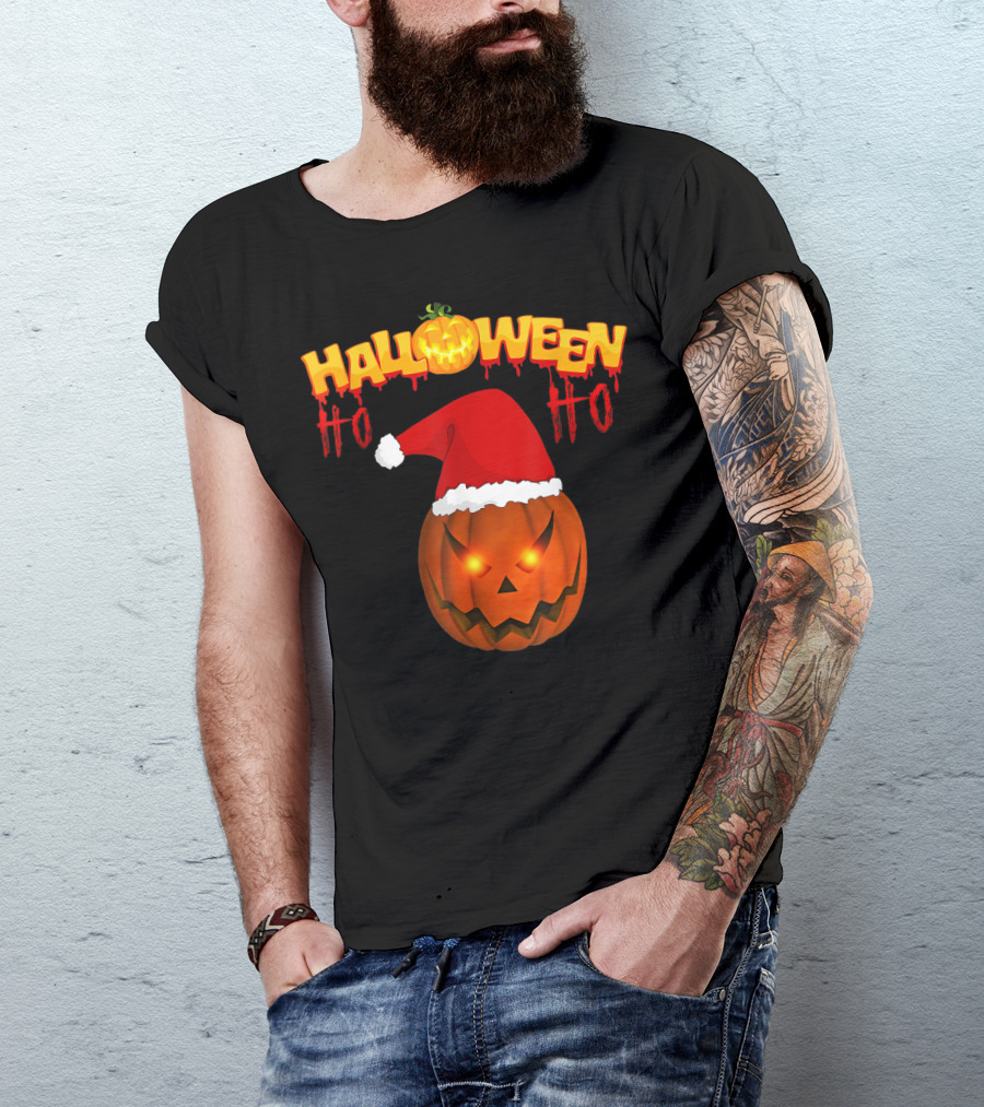 Halloween Ho Ho Pumpkin Santa Hat T-Shirt