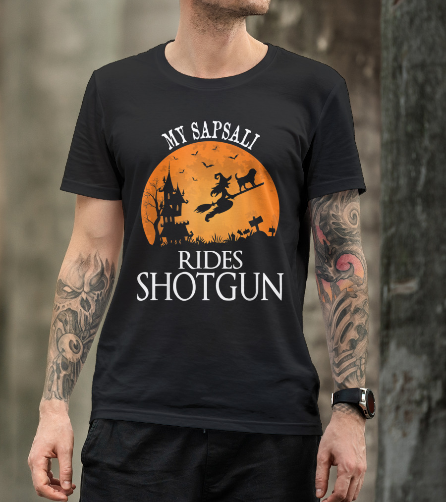 MY SAPSALI RIDES SHOTGUN Witch Halloween Moon Tombstones Bats Haunted House T-Shirt