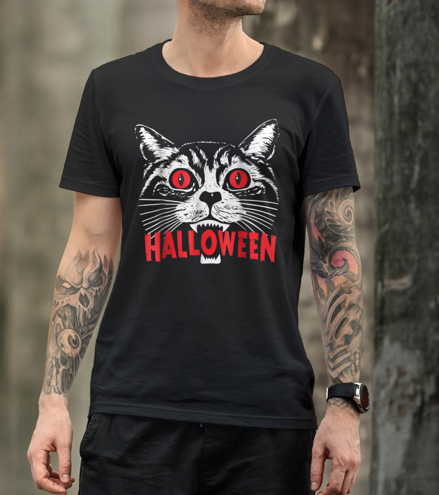 Satanic Cat Halloween Spooky Red Eyes Evil For Cat T-Shirt