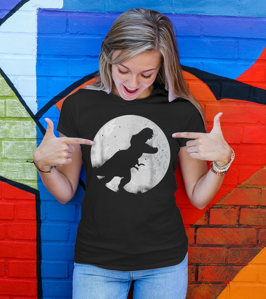 Saurus Rex Dinosaur Silhouette Against Moon Halloween T-Shirt