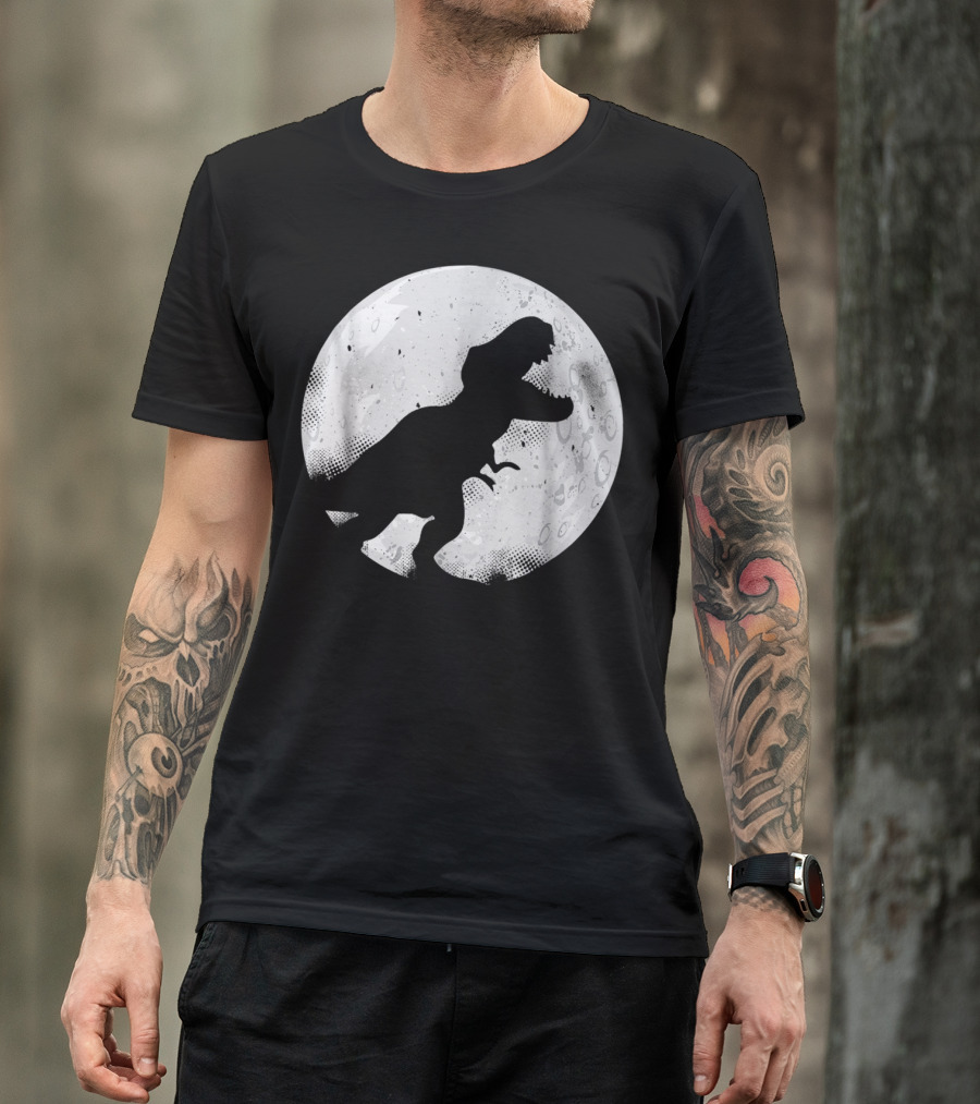 Saurus Rex Dinosaur Silhouette Against Moon Halloween T-Shirt