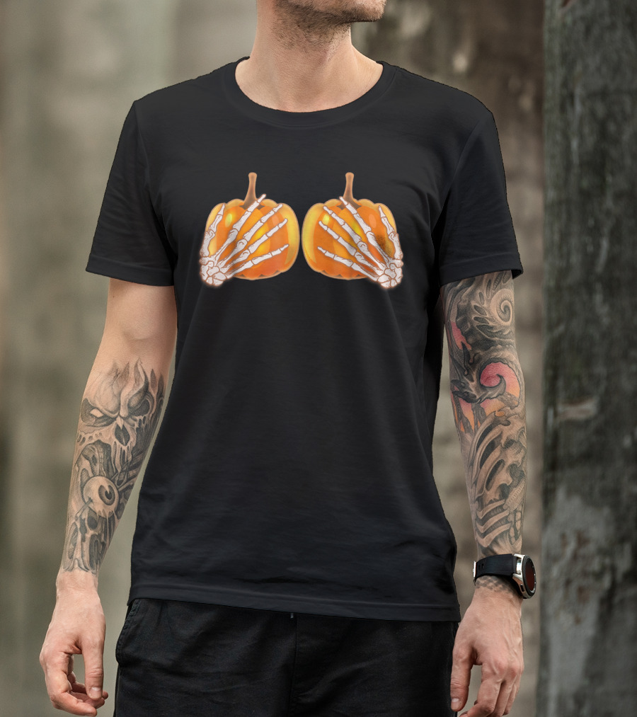 Save The Tatas Breast Cancer Awareness Halloween Pumpkins Skeleton Hands T-Shirt