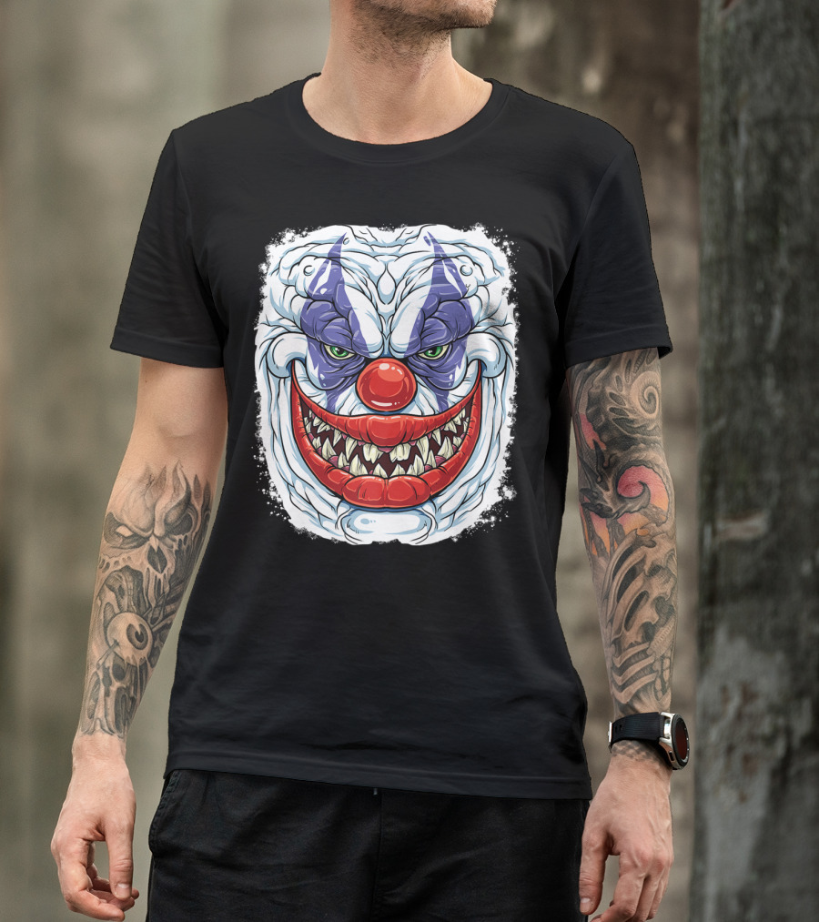 Scary Creepy Clown Evil Grinning Face With Menacing Teeth And Red Nose T-Shirt