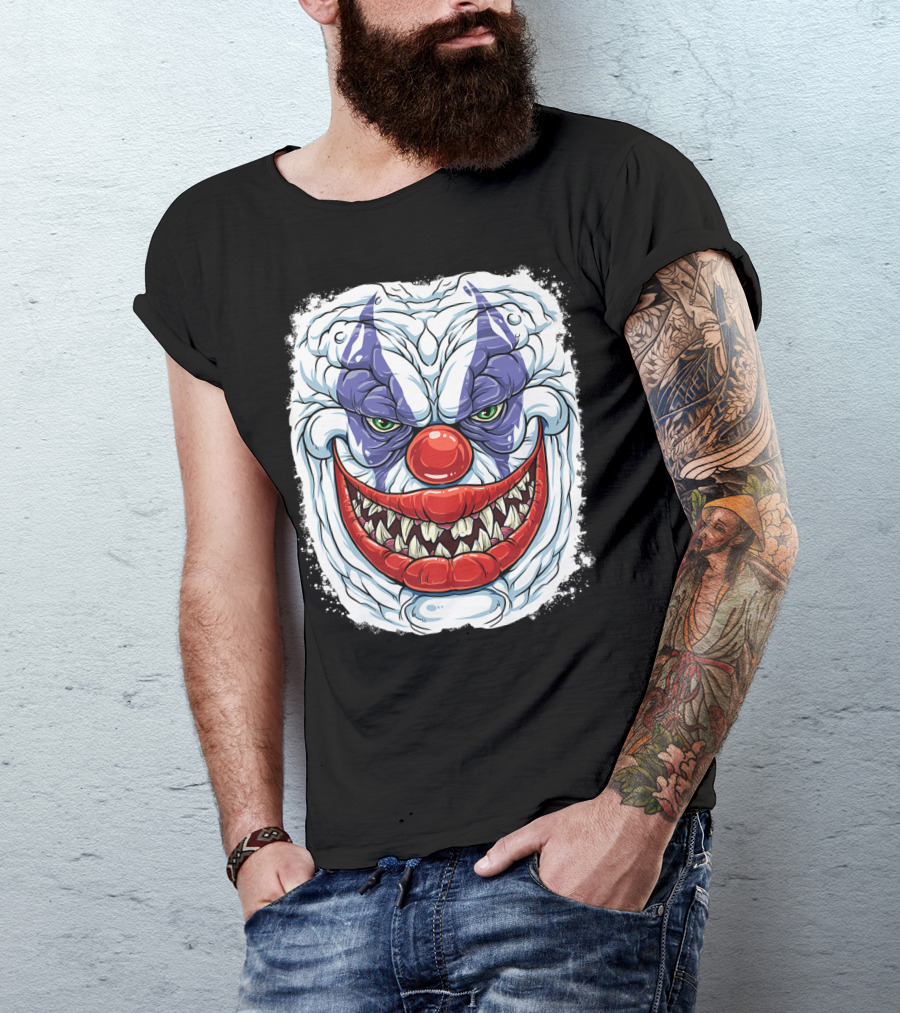 Scary Creepy Clown Evil Grinning Face With Menacing Teeth And Red Nose T-Shirt