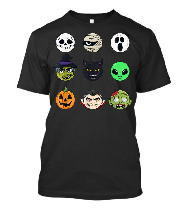 Scary Halloween Faces Emoji Mummy Witch Ghost Alien Pumpkin Vampire Zombie Cat T-Shirt