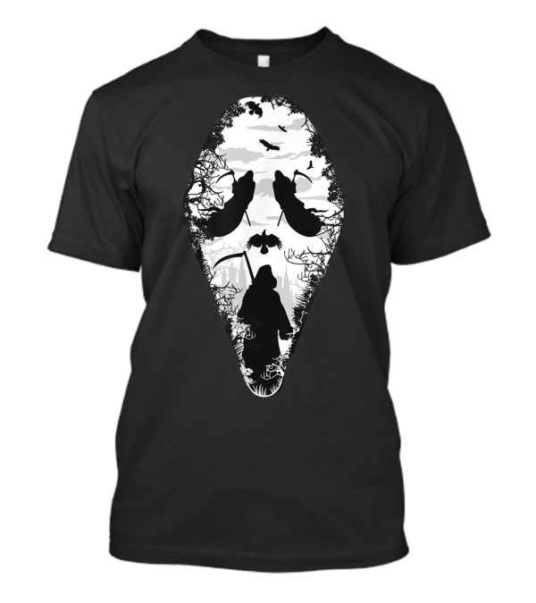 Scary Grim Reaper Halloween Mask Ghostly Forest Scene T-Shirt