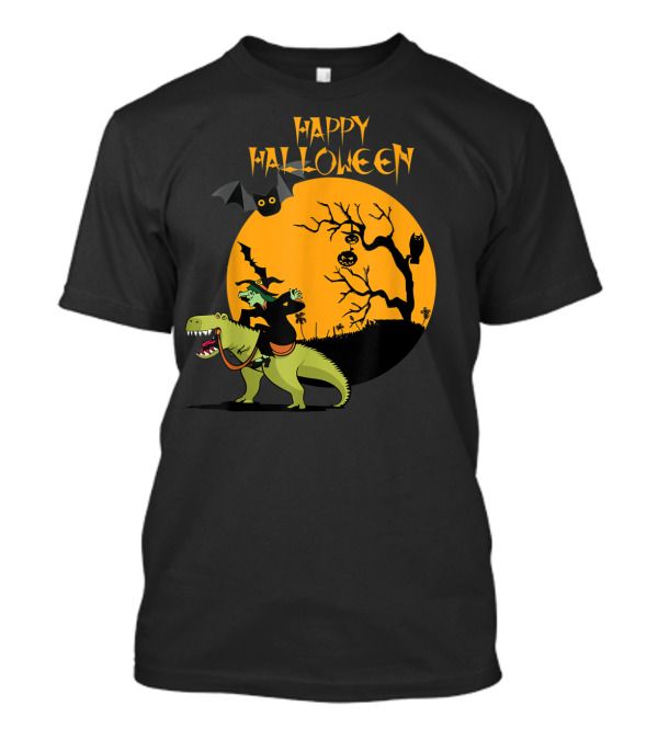 Happy Halloween Witch Riding Dinosaur Moon Night Scene T-Shirt