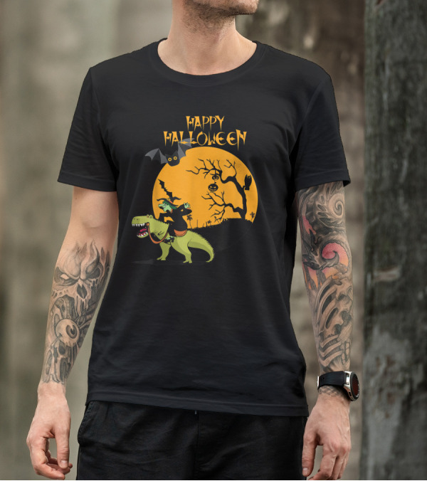 Happy Halloween Witch Riding Dinosaur Moon Night Scene T-Shirt