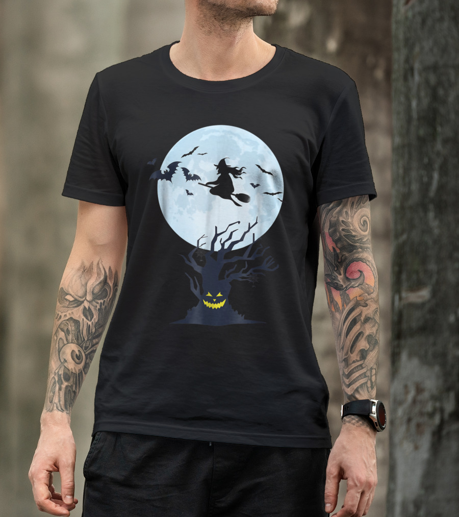 Witch Silhouette Flying Over Moon With Bats And Sinister Grinning Tree T-Shirt