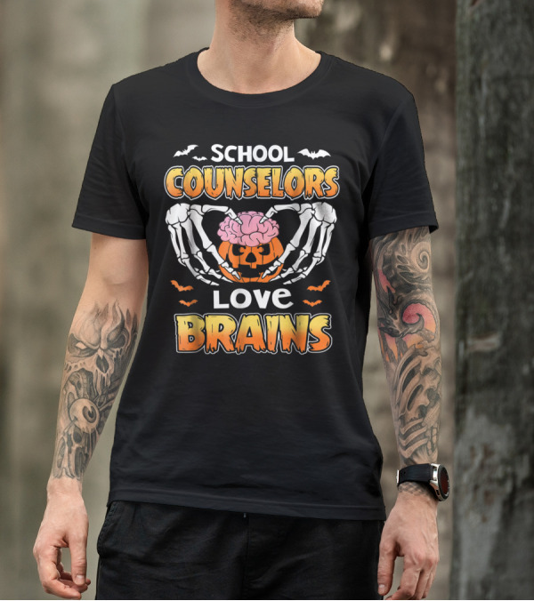 School Counselors Love Brains Halloween Skeleton Pumpkin T-Shirt