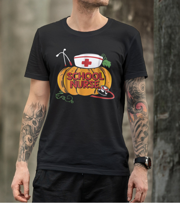 School Nurse Pumpkin With Scrub Hat And Stethoscope T-Shirt