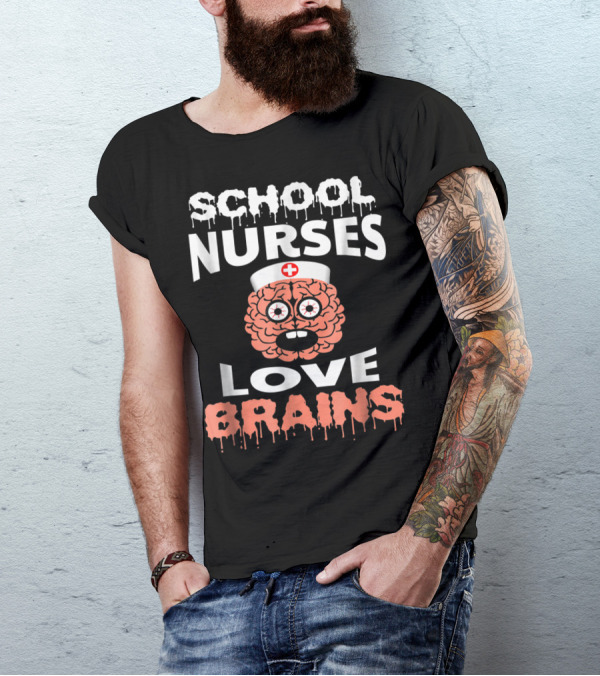 SCHOOL NURSES LOVE BRAINS ZOMBIE STYLE NURSE HAT RED CROSS CARTOON BRAIN FACE T-Shirt