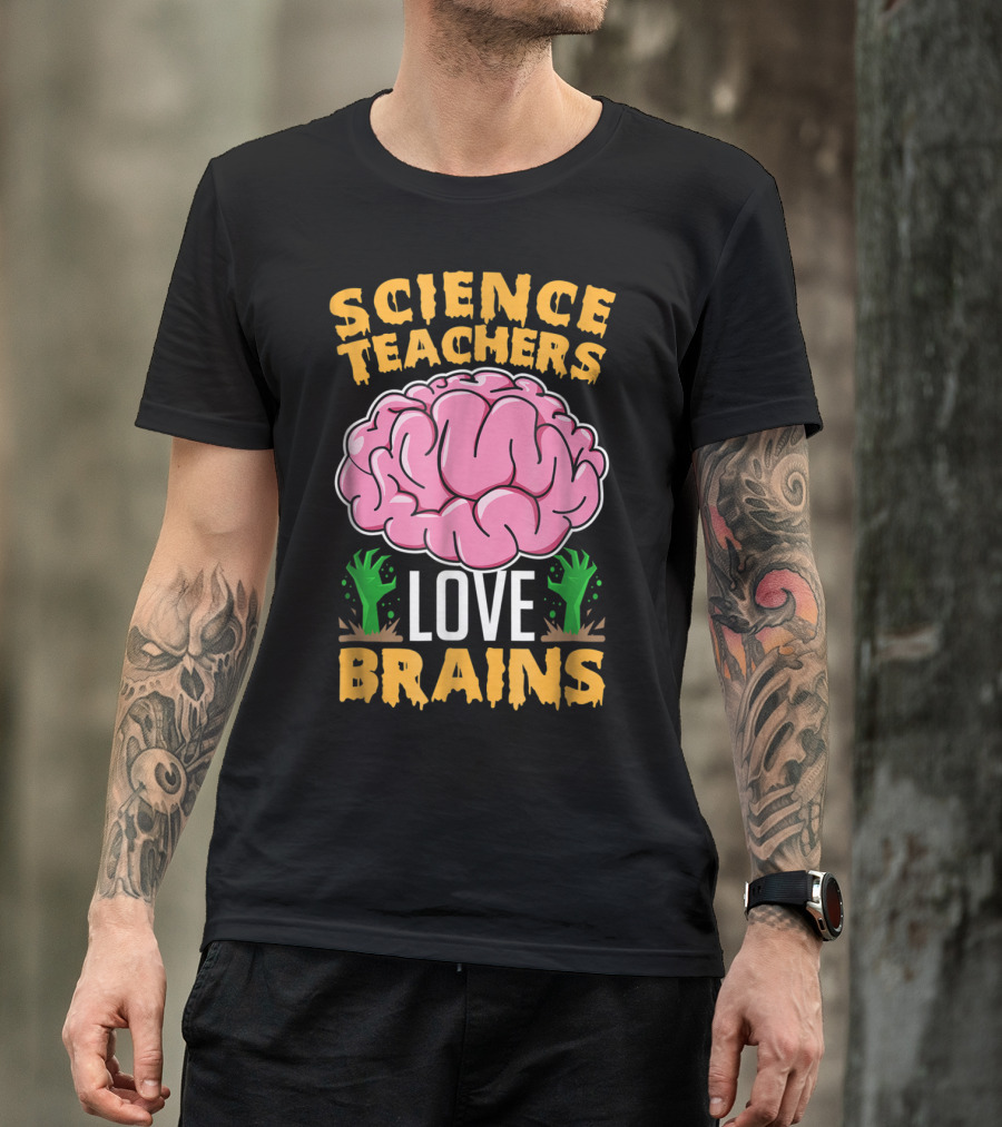 Science Teachers Love Brains Pink Brain Green Hands T-Shirt