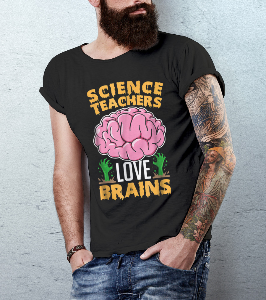 Science Teachers Love Brains Pink Brain Green Hands T-Shirt