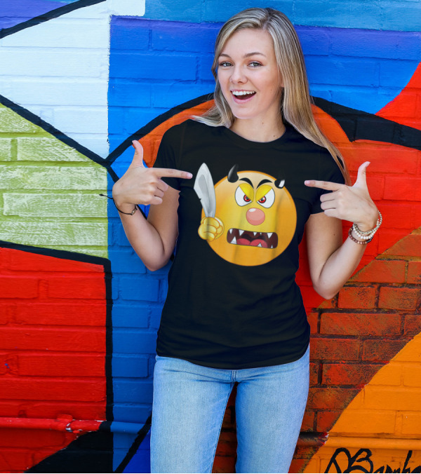 Screaming Emoji Horned Halloween Knife Devil Face Costume Party T-Shirt