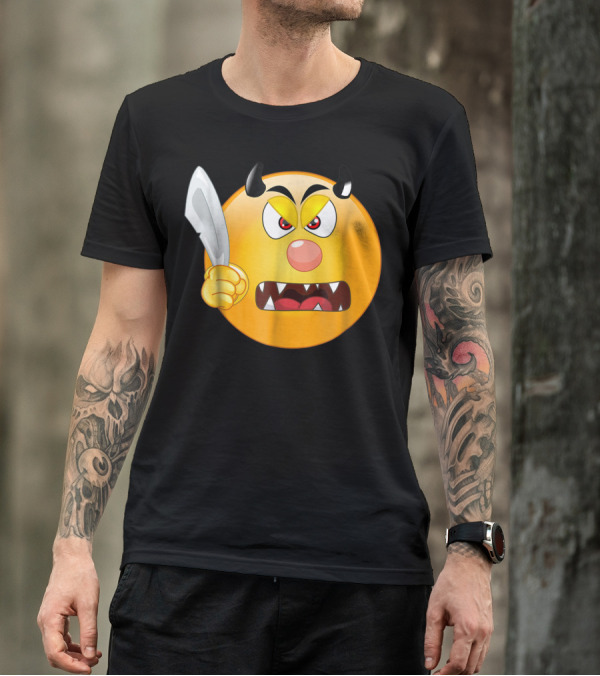 Screaming Emoji Horned Halloween Knife Devil Face Costume Party T-Shirt