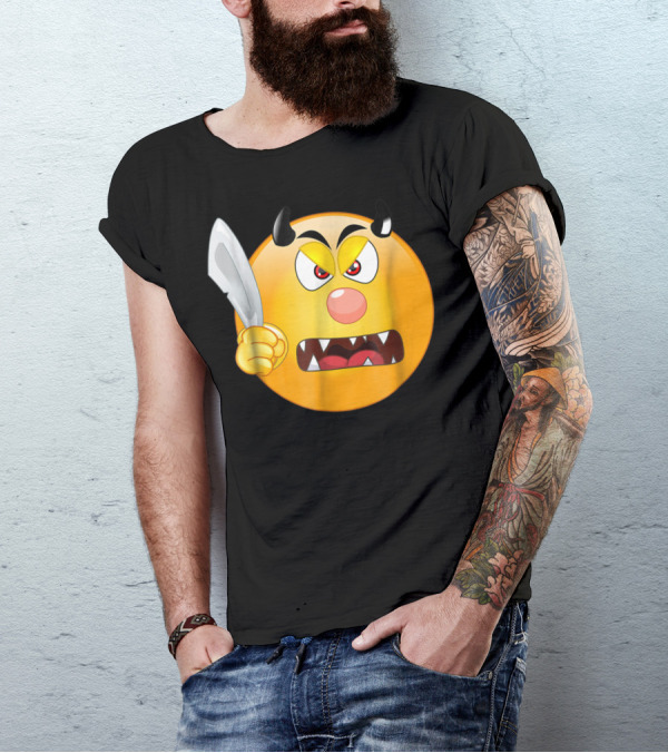 Screaming Emoji Horned Halloween Knife Devil Face Costume Party T-Shirt