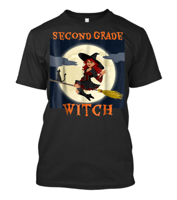 Second Grade Witch Halloween Broomstick Cat Moon Scene T-Shirt