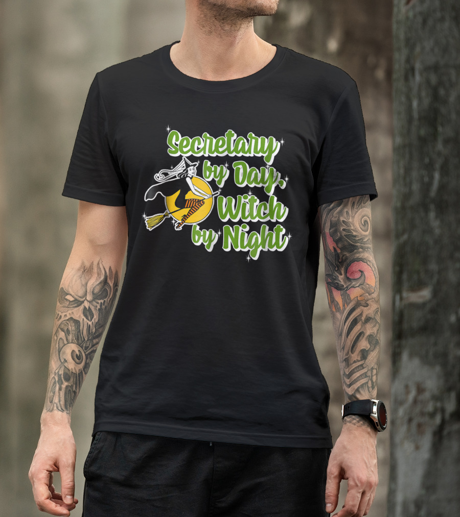 Secretary By Day Witch By Night Flying Broomstick Moon T-Shirt