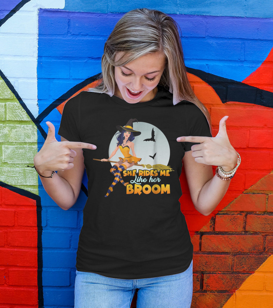 She Rides Me Like Her Broom Witch Full Moon Bats T-Shirt