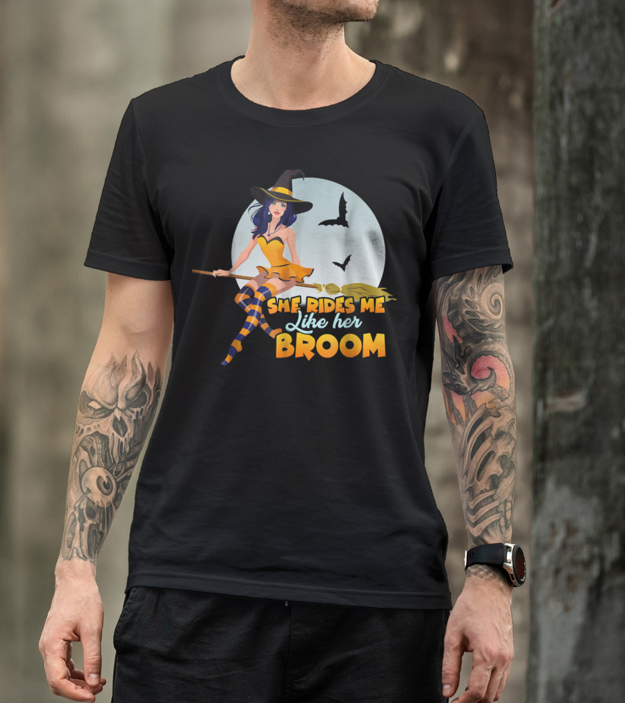 She Rides Me Like Her Broom Witch Full Moon Bats T-Shirt