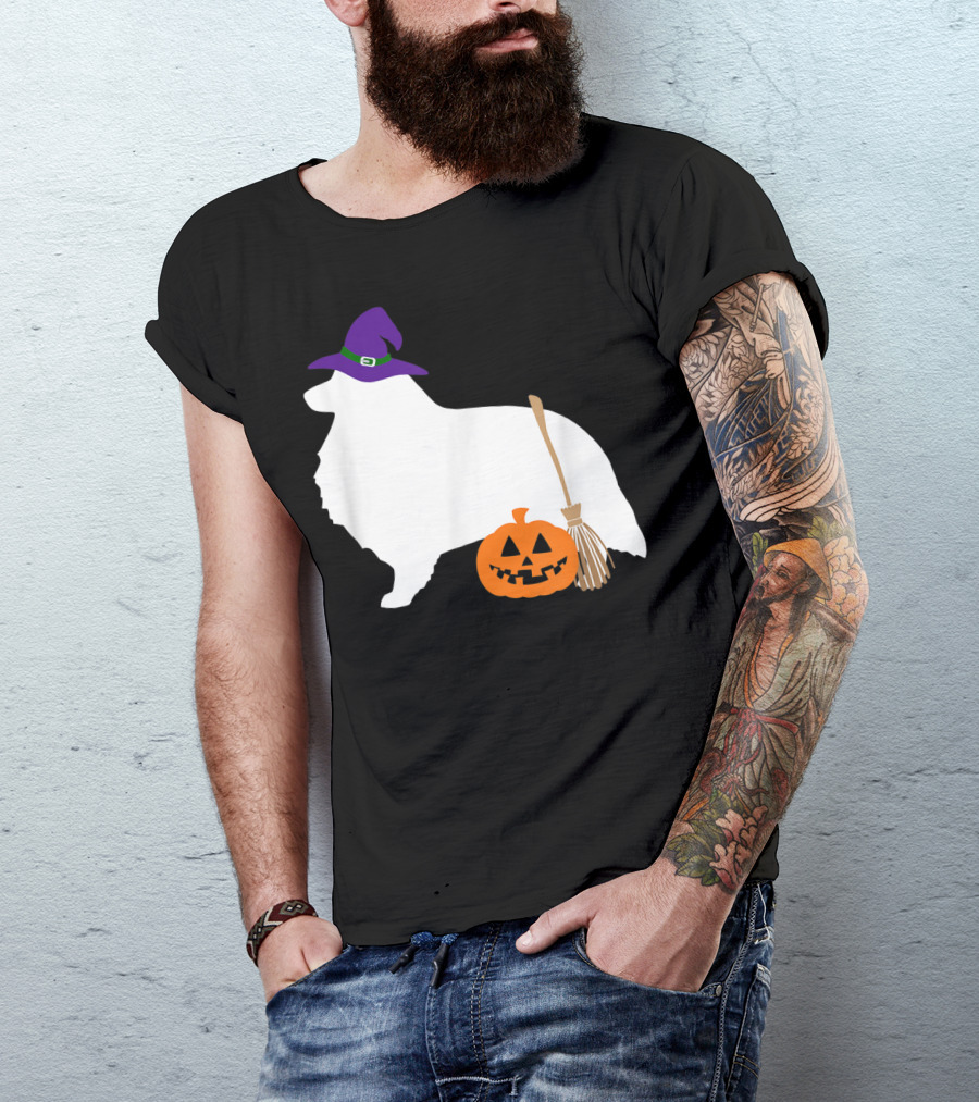 Sheltie Shetland Sheepdog Witch Hat Pumpkin With Broom Halloween T-Shirt