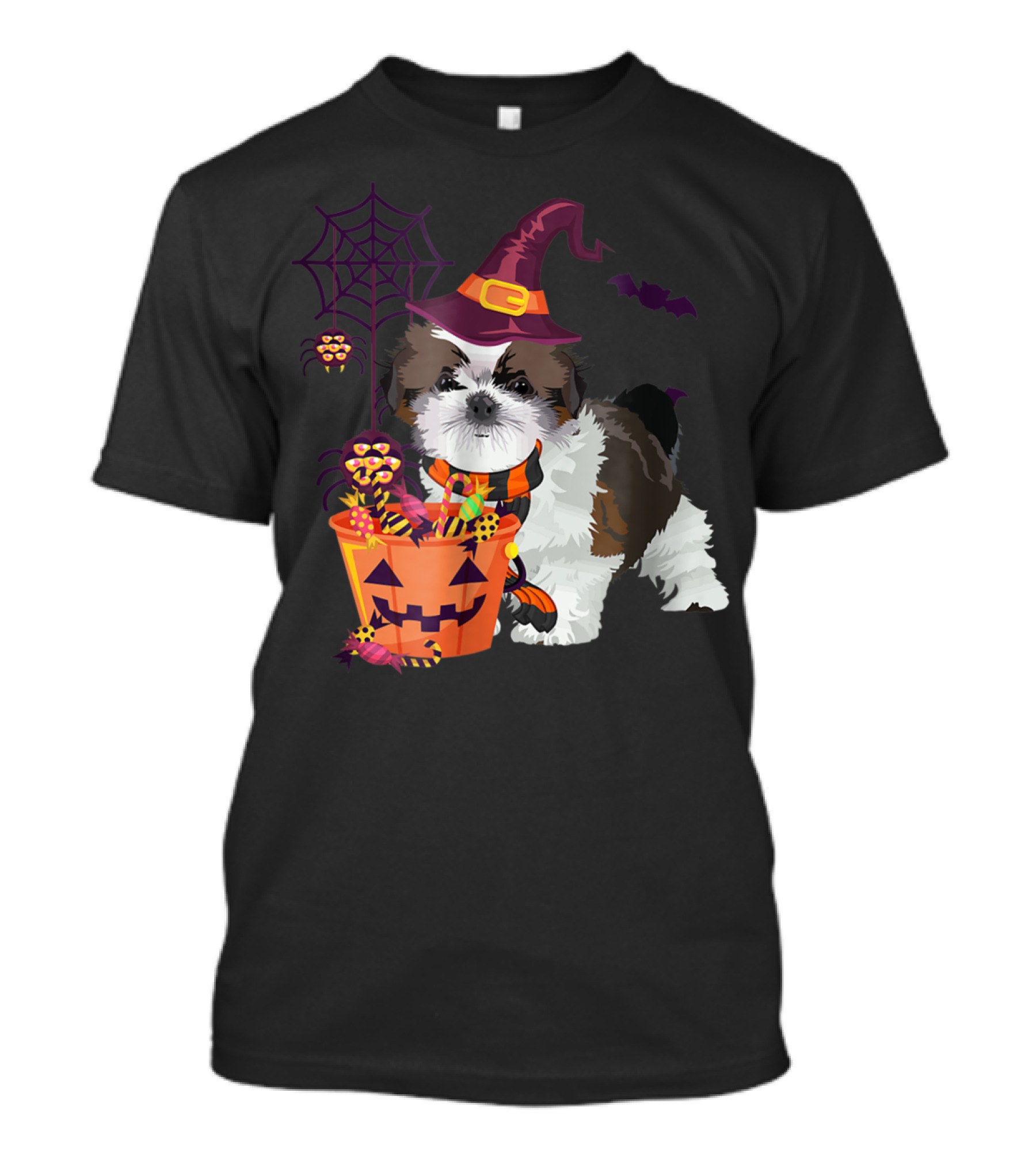 Shih Tzu Puppy Witch Hat Pumpkin Candy Halloween T-Shirt