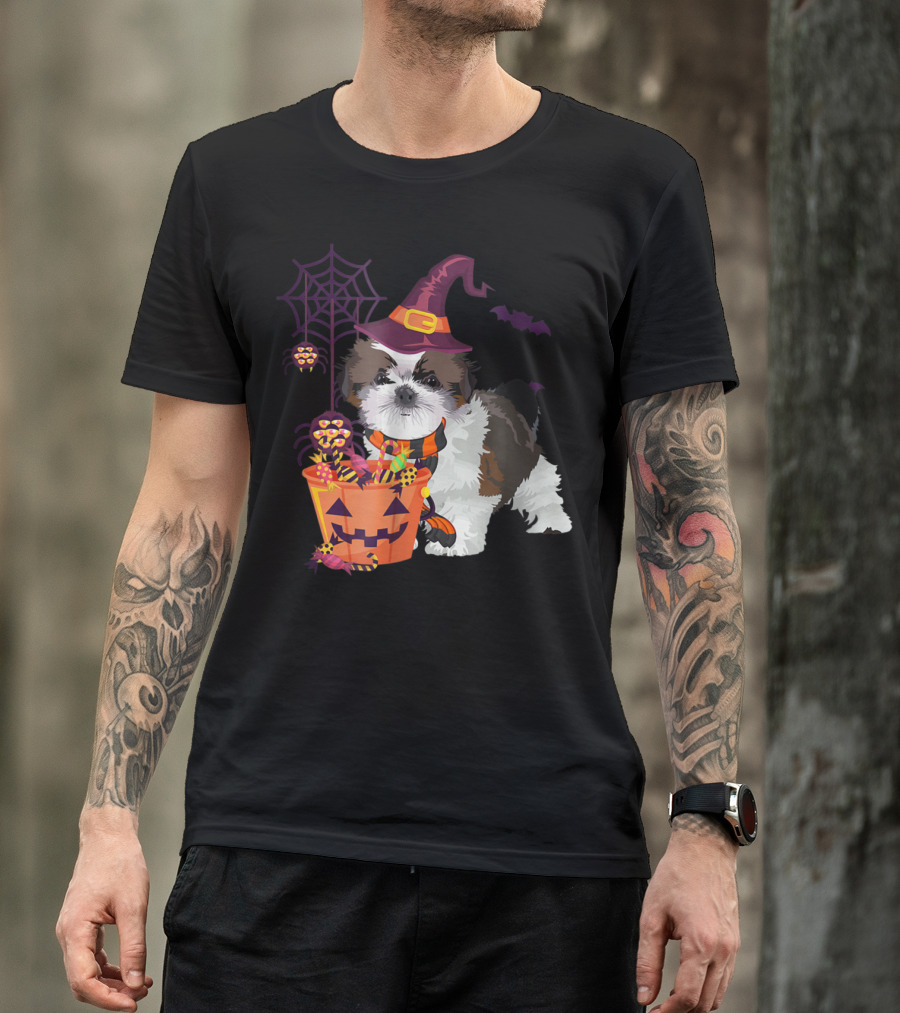 Shih Tzu Puppy Witch Hat Pumpkin Candy Halloween T-Shirt