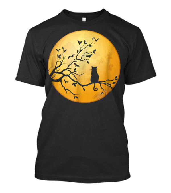 Cat On Tree Branch Under Full Moon With Flying Bats T-Shirt