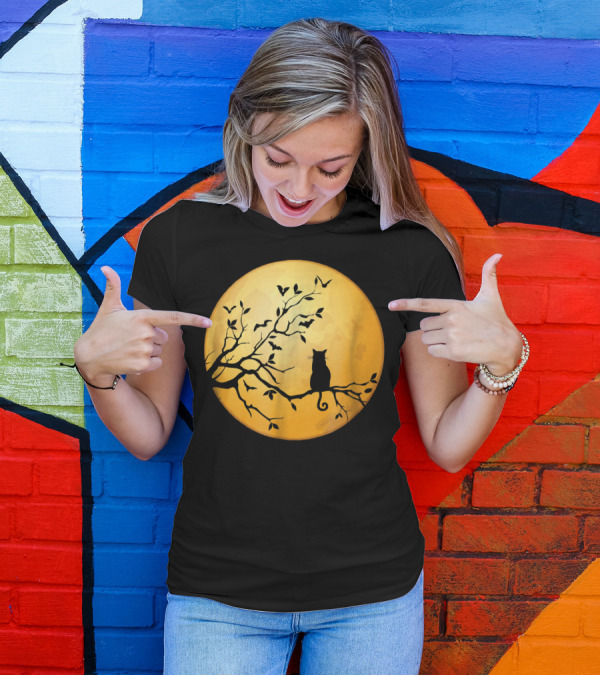 Cat On Tree Branch Under Full Moon With Flying Bats T-Shirt