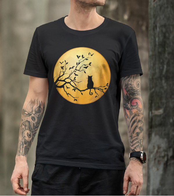 Cat On Tree Branch Under Full Moon With Flying Bats T-Shirt