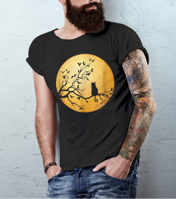 Cat On Tree Branch Under Full Moon With Flying Bats T-Shirt