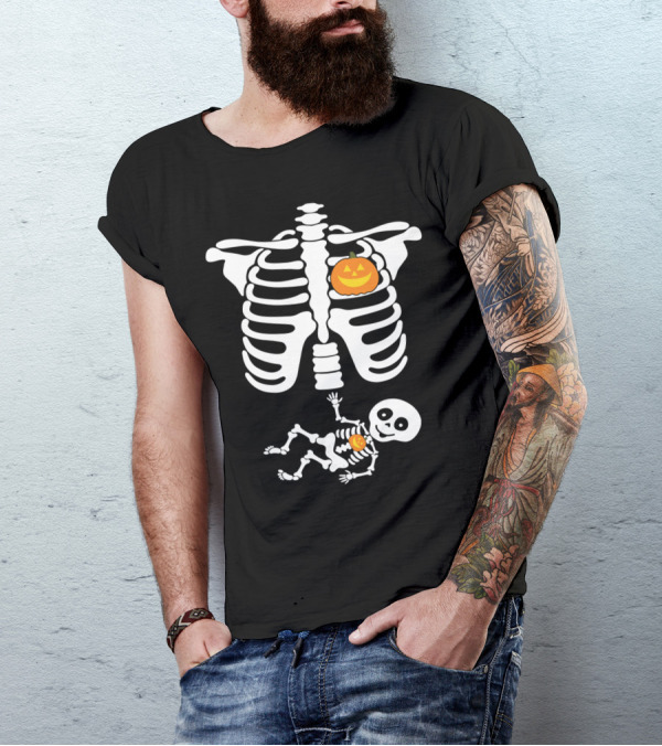 Skeleton Baby Halloween Pregnant Pumpkin Ribcage T-Shirt