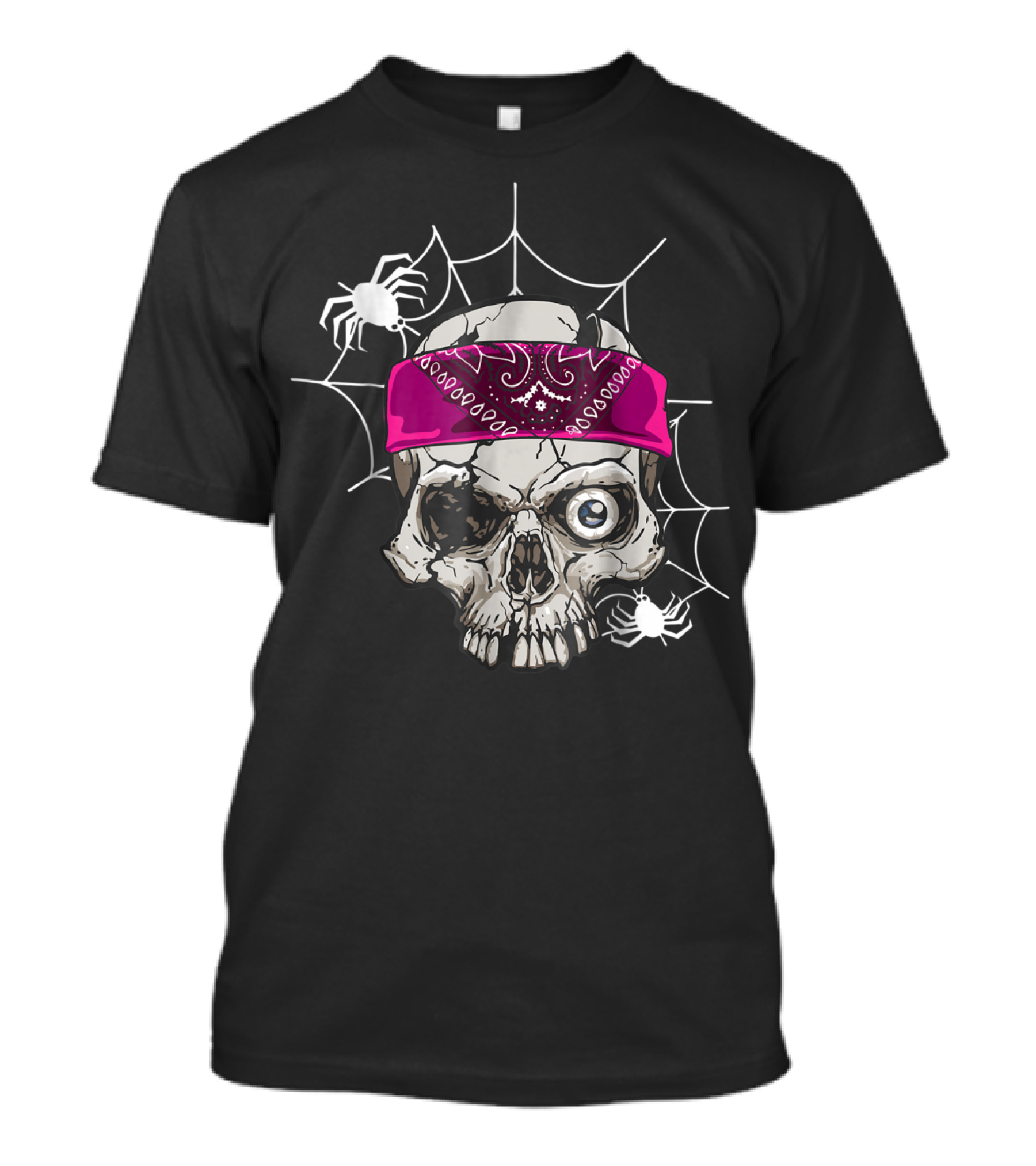 Skeleton Skull With Pink Bandana, Web, And Spiders T-Shirt