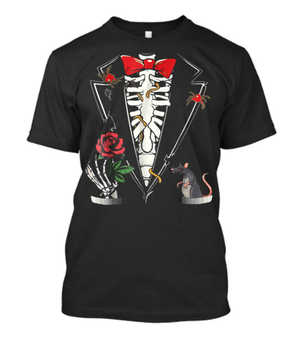 Skeleton Halloween Tuxedo With Bow Tie Rose And Rat T-Shirt