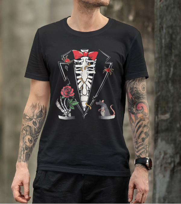 Skeleton Halloween Tuxedo With Bow Tie Rose And Rat T-Shirt