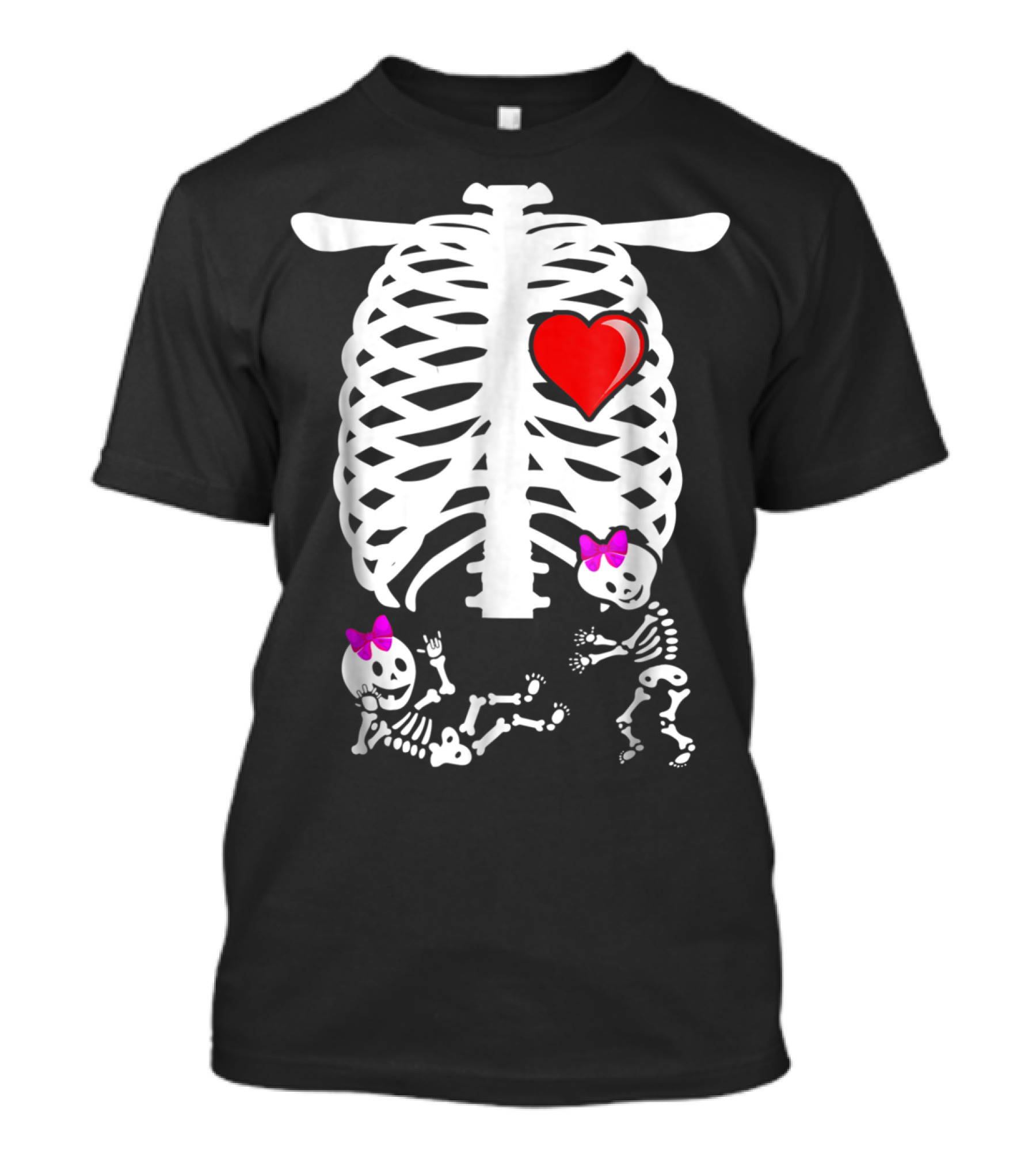 Skeleton Pregnancy Announcement Twins Girls Heart Bows T-Shirt