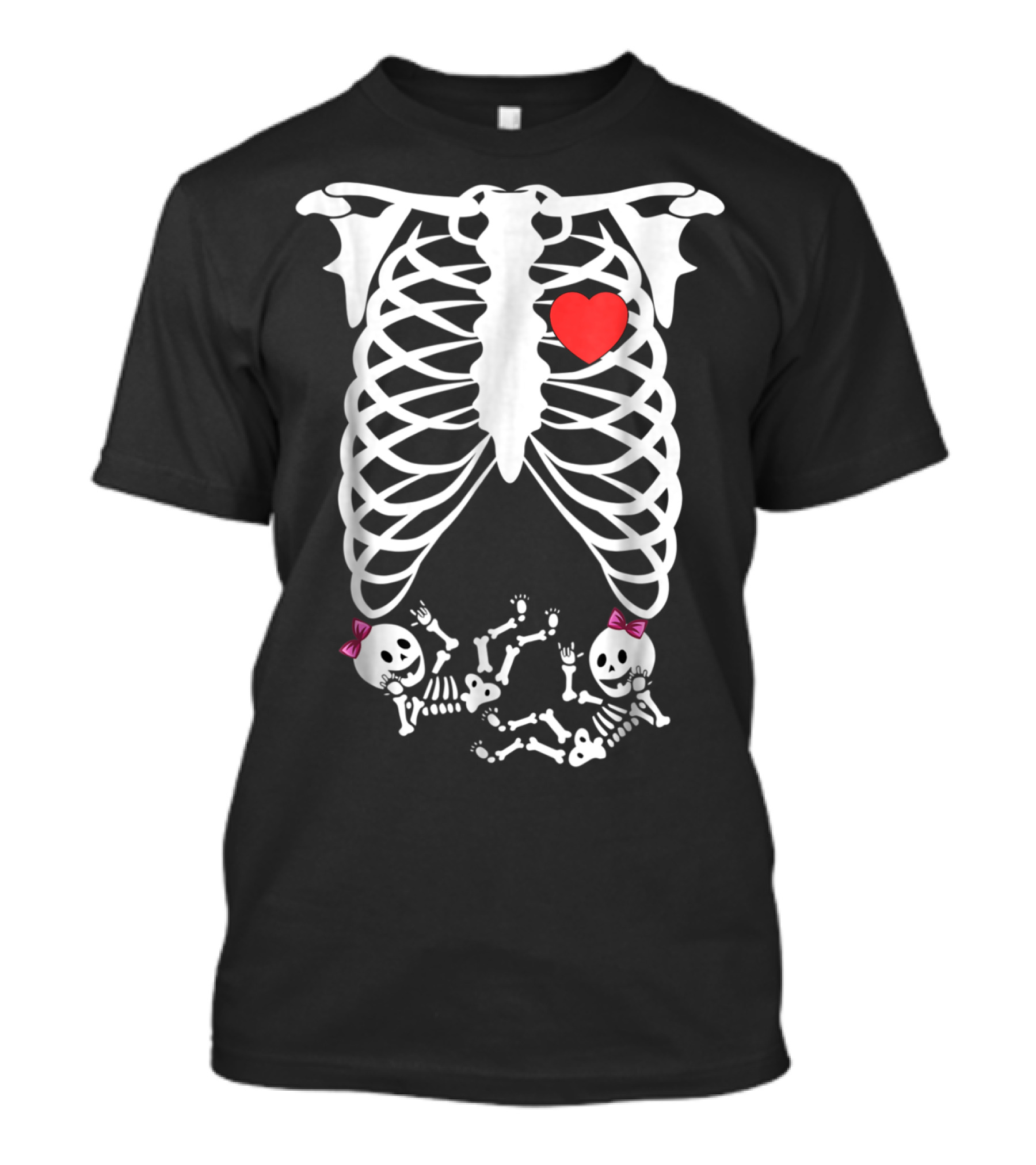 Skeleton Pregnancy Twins With Heart And Bow T-Shirt