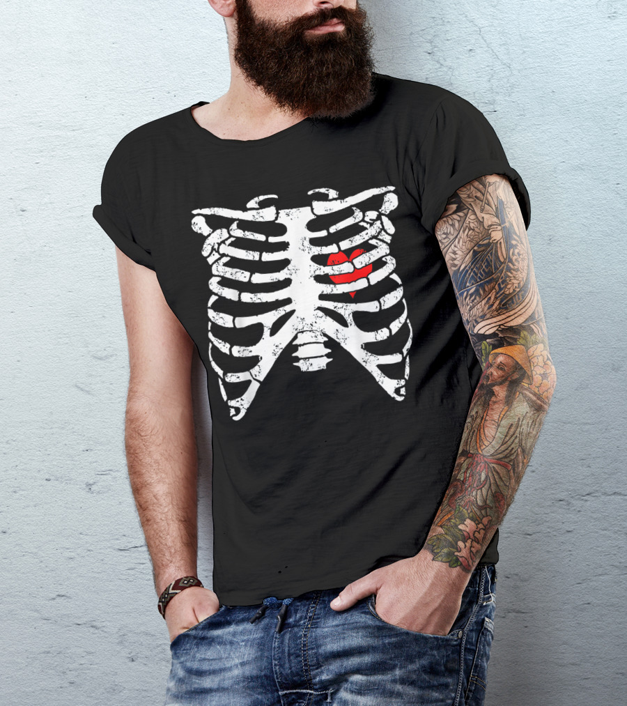 Skeleton Ribcage With Red Heart Motif T-Shirt