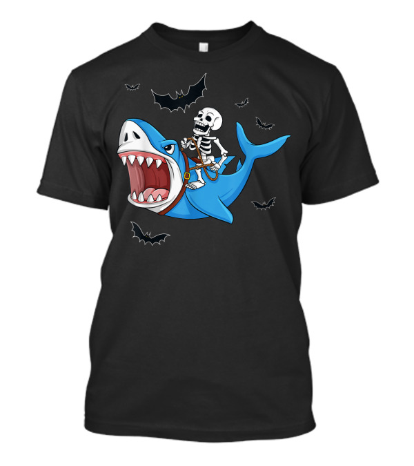 Skeleton Riding Shark With Flying Bats T-Shirt