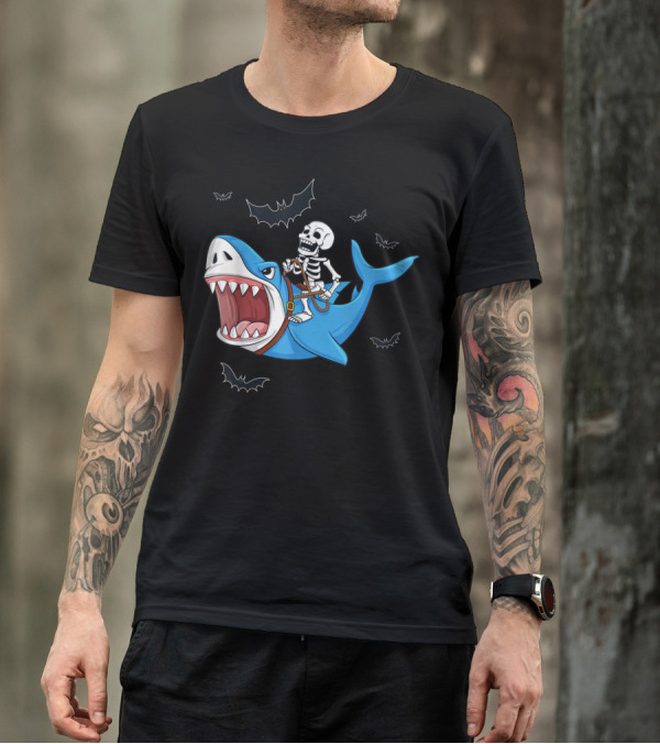 Skeleton Riding Shark With Flying Bats T-Shirt