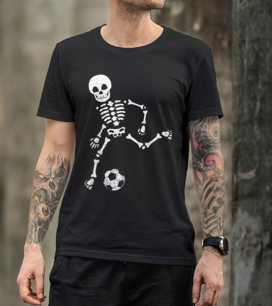 Skeleton Kicking Soccer Ball Halloween Sport Player T-Shirt
