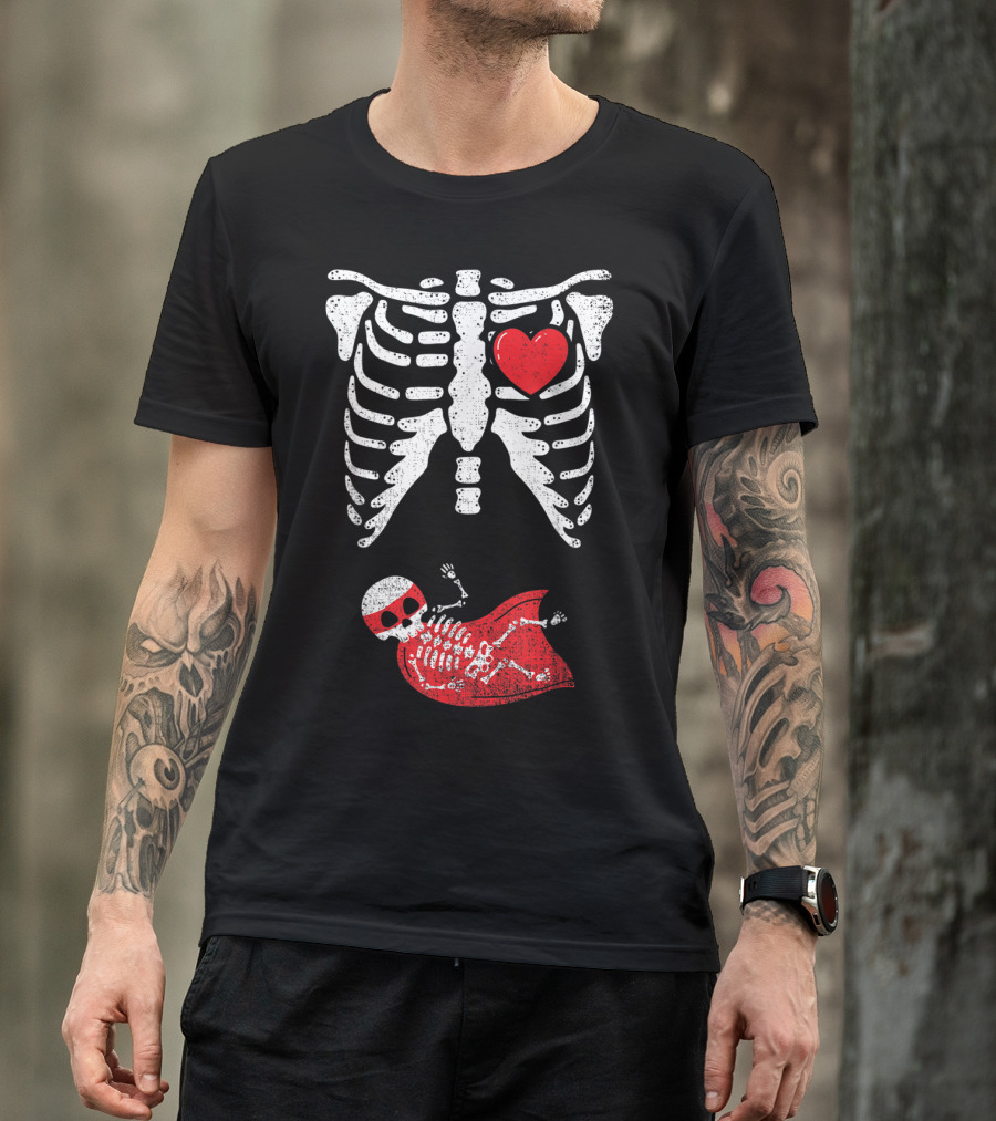 Skeleton Superhero Pregnancy Announcement Baby Skeleton With Cape And Heart T-Shirt