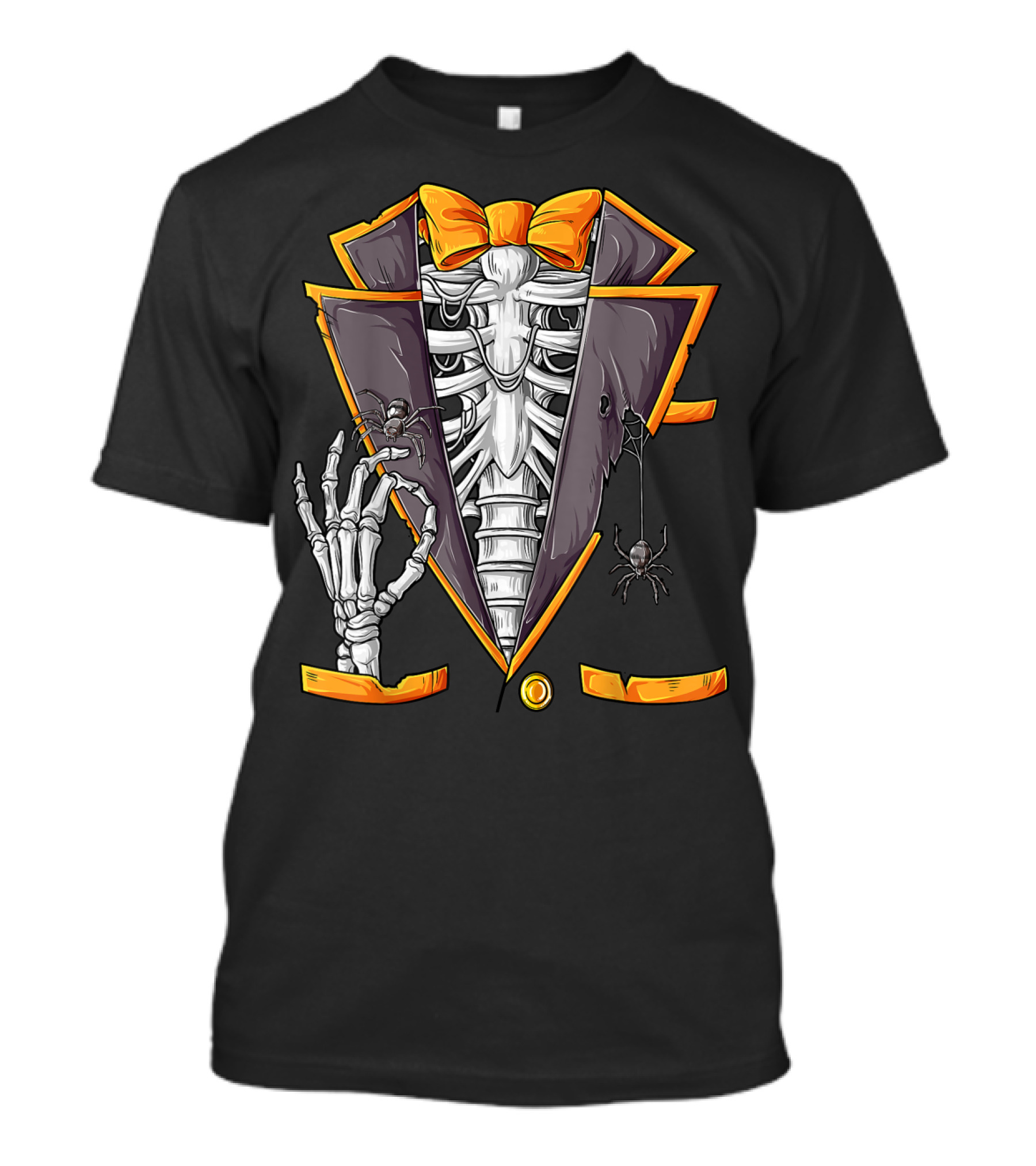 Skeleton Tuxedo Costume With Orange Bowtie And Spiders For Halloween T-Shirt