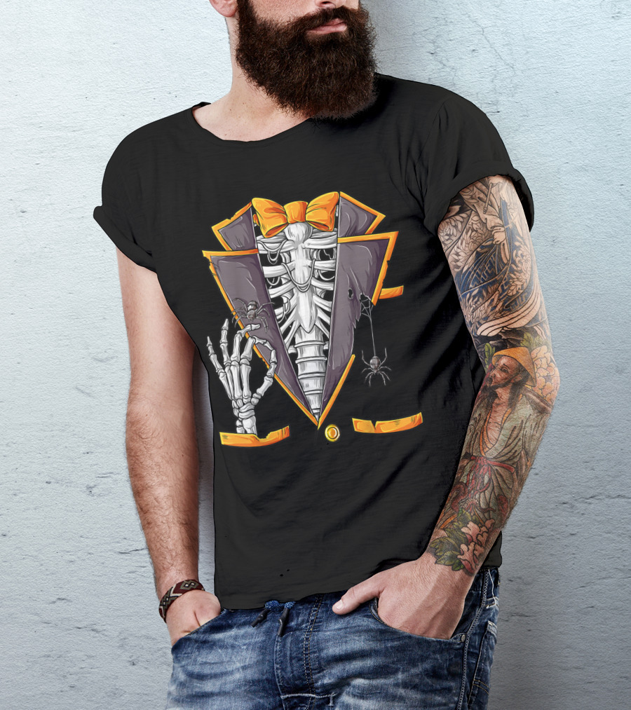 Skeleton Tuxedo Costume With Orange Bowtie And Spiders For Halloween T-Shirt
