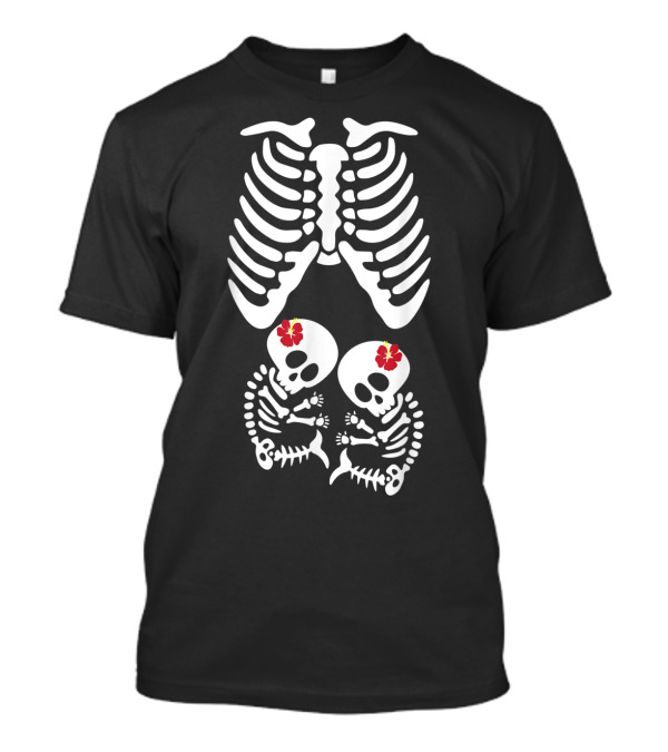 Skeleton Xray Twins Halloween Pregnant Hibiscus Flowers T-Shirt