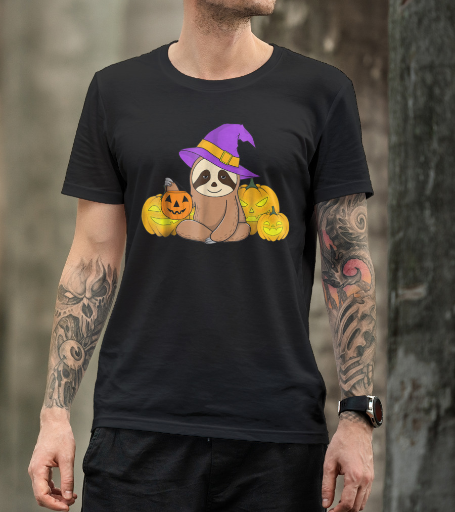 Sloth Halloween Witch Hat With Pumpkin Jack-O'-Lanterns T-Shirt