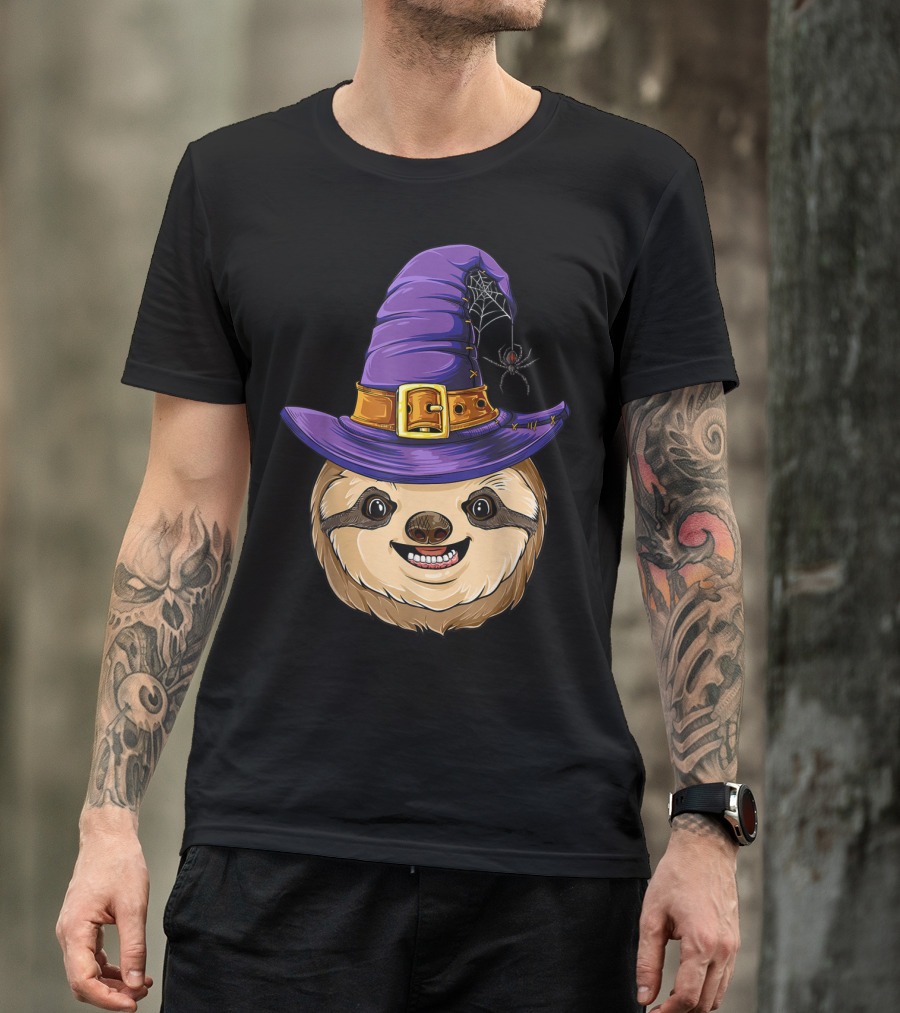 Halloween Sloth With Witch Hat And Spider T-Shirt
