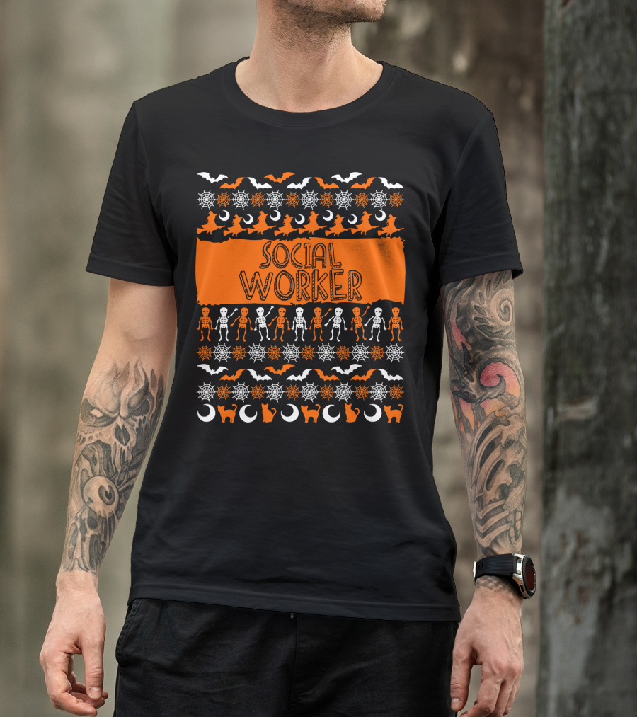 Social Worker Halloween Bats Skeletons Witches And Cats T-Shirt
