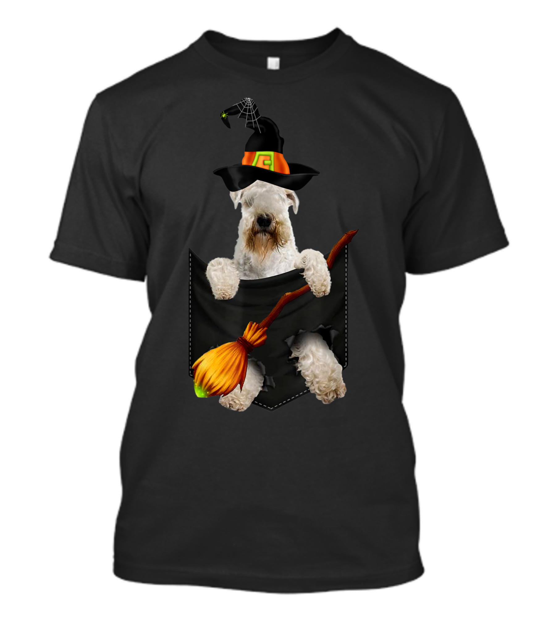 Soft Coated Wheaten Terrier Witch Broom Pocket Halloween Hat T-Shirt